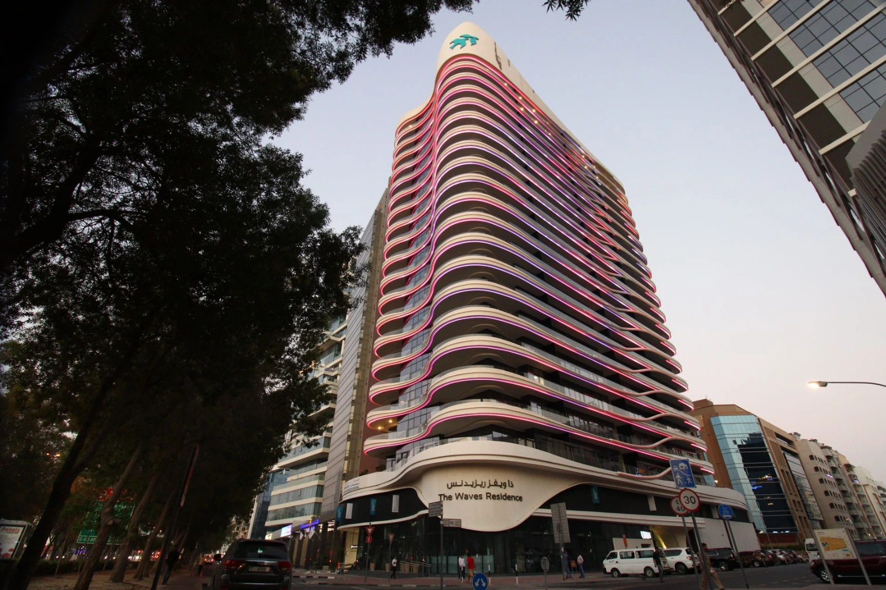 Rostamani Tower Dubai illuminated with dynamic LED façade lighting