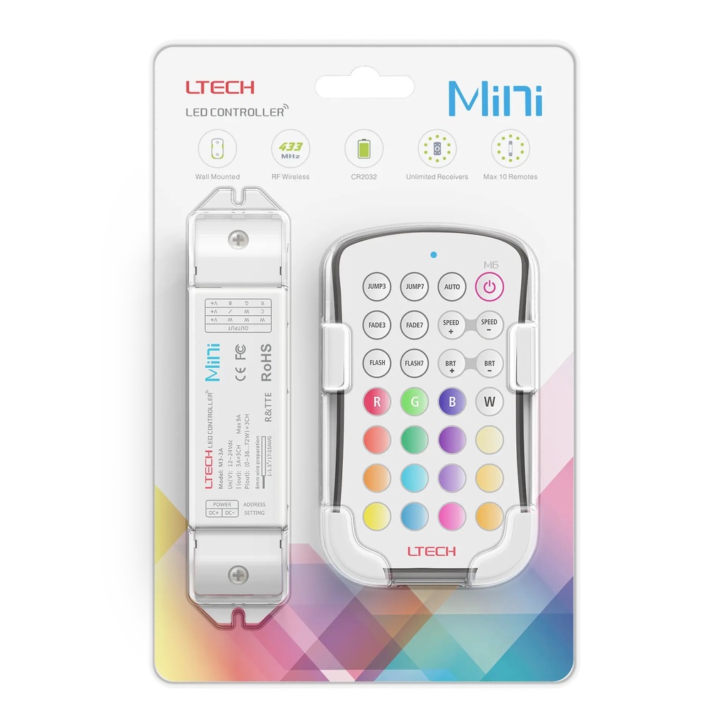 LTECH Mini RF remote + receiver CV 3x3A RGB - M6+M3-3A - 3A&M6