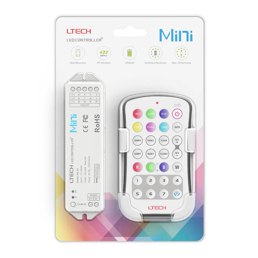 LTECH Mini RF remote + receiver CV 4x3A RGBW - M8+M4-3A - 3A&M8