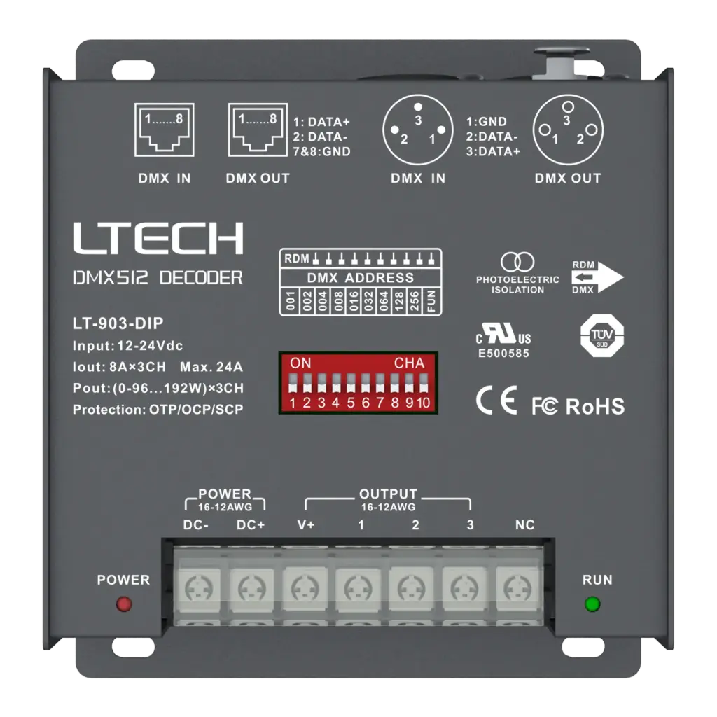 LTECH DMX/RDM LED driver CV 3x8A DIP Switch - LT-903-DIP