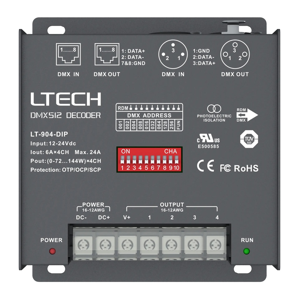 [2279131] LTECH DMX/RDM LED driver CV 4x6A DIP Switch - LT-904-DIP