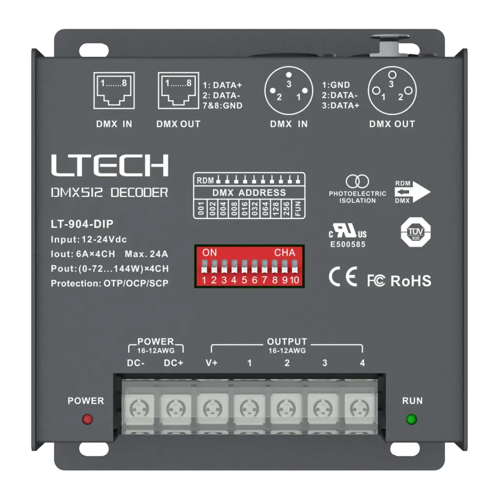 LTECH DMX/RDM LED driver CV 4x6A DIP Switch - LT-904-DIP