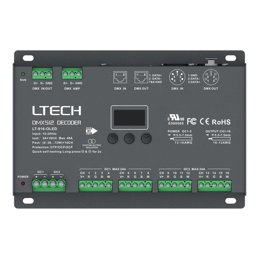 [2278900] LTECH DMX/RDM LED driver CV 16x3A OLED - LT-916-OLED