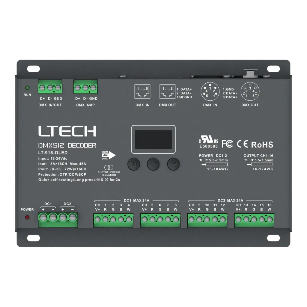 LTECH DMX/RDM LED driver CV 16x3A OLED - LT-916-OLED